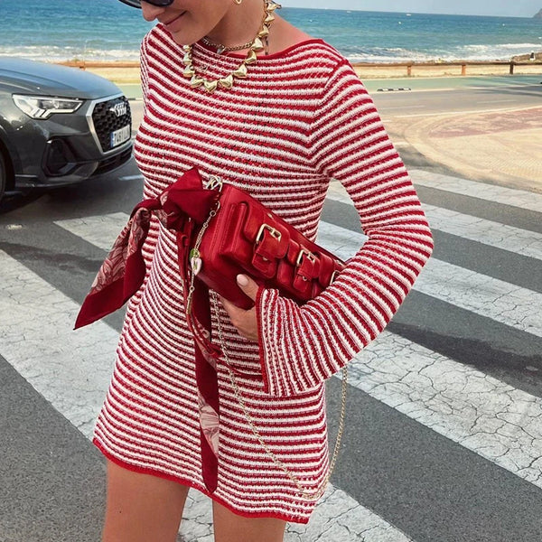 Women Vintage Striped Knitted Mini Dress Y2K Long Sleeve Slim Short Sweater Dress Elegant Ladies Holiday Beachwear