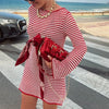 Women Vintage Striped Knitted Mini Dress Y2K Long Sleeve Crewneck Slim Short Sweater Dress Elegant Ladies Holiday Beachwear