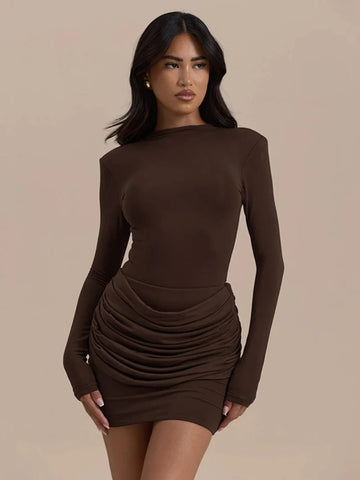 Long Sleeve Ruched Sexy Mini Dress Women Autumn Winter Elegant High Waist Bodycon Club Party Dresses Female