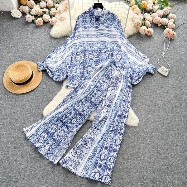 Europe and America Style Women's Spring Vintage Plaid Ruffled Shirt Long Pants Sets