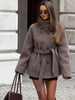 Women Black Belted Double Breasted Coat High Neck Long Sleeve Tailored Fit Elegant Jacket Winter Office Casual Outerwears