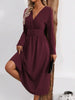 Elegant Solid Color Knit Dress for Women Fall Winter Overlap V-Neck Long Sleeve with Waist Shirring Bodycon Long Maxi Dress