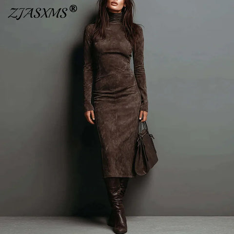 Retro Solid Suede Slim Fit Long Dresses Woman Fall Turtleneck High Waist Party Dress Winter Long Sleeve Pullover Female Clothing