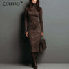 Retro Solid Suede Slim Fit Long Dresses Woman Fall Turtleneck High Waist Party Dress Winter Long Sleeve Pullover Female Clothing