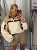 Women Color Block Jacket Casual Half Zip Collar Navy Striped Oversize Long Sleeve Sport Jackets Autumn Chic Street Wear