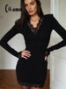 Lace Patchwork V Neck Women Dresses Solid Casual Bodycon Long Sleeve Sexy Club Outfits Female Elegant Vestidos