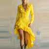 Elegant Ruffled Waist Pleat Long Dress Women's Irregular Solid Slim Party Dress Sexy V-neck Long Sleeve Wash Denim Dress