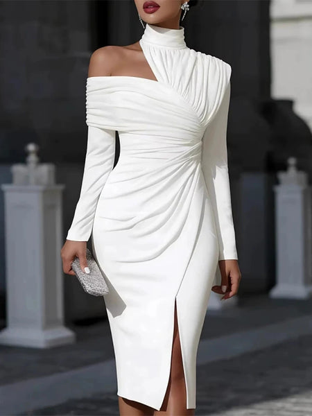 Elegant Hight Waist Draped Bodycon Dresses High Collar Split Midi Dress Women Casual Long Sleeve Solid Slim Party Dress