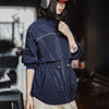 Women's Lightweight Stand Collar Short Windbreaker Jacket Navy Blue Contrast Parka with Waist Cinching for Spring and Fall