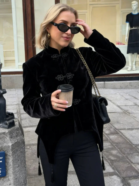 Spring Frog Button Jacket For Women Elegant Stand Collar Long Sleeve Tassel Coats Lady Chic High Street Chic Outerwear