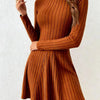 European and American Women's Slim Fit Half-Turtleneck Waist-Cinch A-Line Ribbed Long-Sleeve Dress