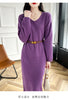 100% Merino Wool Women Long Dress Sweater V-Neck Pullover Long Dress Versatile Cashmere Knitwear Bottoming Clothing
