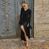 Women Elegant Ruffle Hem White Long Dress Shirring V-neck Flare Long Sleeve Dresses Evening Party Robes Vestido