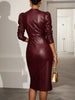 European American Women Deep V Puff Shoulder Faux Leather Midi Dress Long Sleeve Cinched Waist Bodycon Dress