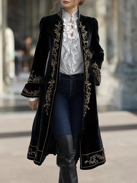 Floral Velvet Long Jacket for Women Single Breasted Stand Collar Slim Fit Flare Sleeve Vintage Blazer Coat Elegant Suit Jacket