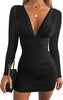 A European women's dress featuring V-neck, sexy long-sleeved solid color, high waist and short hips