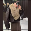 Ladies Winter Retro Fur Collar Leather Jacket V‑Neck Full Lapel Long Sleeve Double Breasted Urban Warm Casual Outer