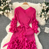 European Court Style Dress for Women A Design Sense Tassel V-neck Slim Fit Long High-temperature Pleated Flared Sleeve