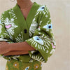 Vintage Geometric Print Sweater Cardigan Woman Elegant Single Breasted V Neck Jacket Autumn Long Sleeve Loose Knitwear Top Mujer