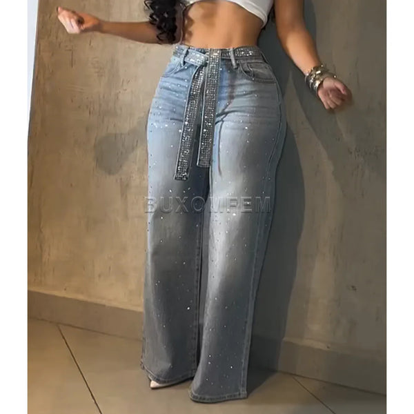 Women's Drilled Straight Leg Jeans Pants Stylish Baggy Pants Y2k Streetwear Outfit Wide Leg Loose Jeans Ladies Bottoms