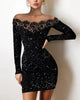 Spring Women's, Elegance, Leisure, Sexy Long sleeved Lace Edge, One Shoulder Silver Powder Sprinkled Dress