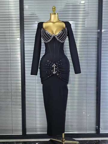 Women Long Sleeve Square Collar Shinning Diamond Bodycon Long Bandage Dress Elegant Evening Party Celebrate Outfit