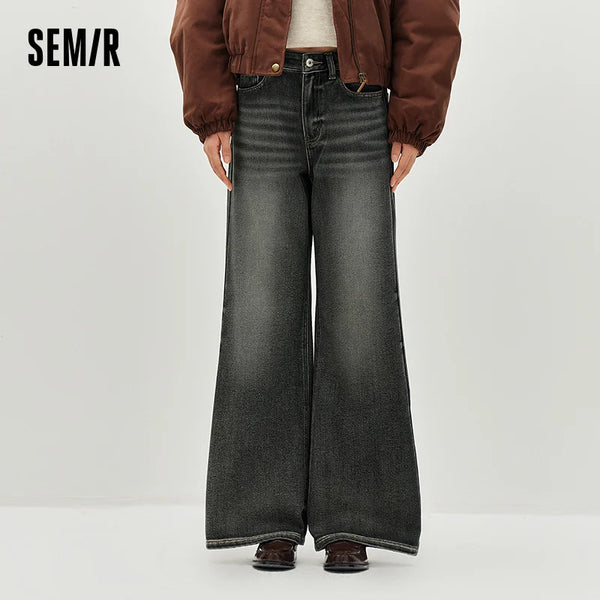 Women Jeans Belted Fleece Lined Flared Loose Fit Distressed Wash Vintage HighWaist Streetwear Denim Pants