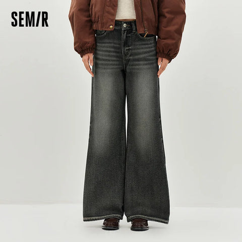 Women Jeans Belted Fleece Lined Flared Loose Fit Distressed Wash Vintage HighWaist Streetwear Denim Pants