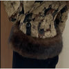Floral Jacquard Faux Fur Trim Coat Women V Neck Single Button Full Sleeve Furry Cuff Jacket Lady Vintage Winter Warm Party Coats