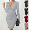 Women's V-Neck Long Sleeve Bodycon Dress - Ribbed Knit Mini Dress with Button Detail Sexy Wrap Style for Party & Night Out