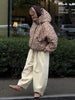 Women Deer Spotted Hooded Puffer Jacket Brown White Dots Drawstring Hood Cropped Elastic Cuff Coats Warm Winter Casual Outerwear