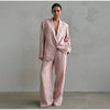 Women Pink Linen Blazer Pants Set Chic Oversized Casual 2 Piece Co Ord Long Pant Sets Work Vacation Casual Outwear