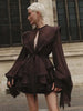 Sexy O Neck Long Sleeve Ruffles Folds A-line Dress Women Hollow Out Lace Up High Waist Mini Dresses Evening Party Cocktail