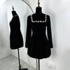 Elegant Square Neck Diamond Short Velvet Dress For Women Two Pockets Slim Office Ladies Outfits A-Line Long Sleeve Dress