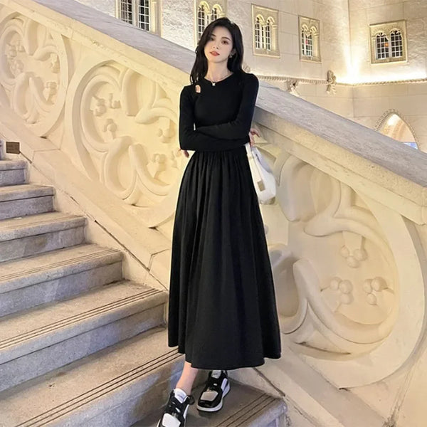 Long Sleeve O-neck A-line Dress Streetwear Vestidos Lady Korean Style Hollow Out Black Long Dresses Women