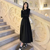 Long Sleeve O-neck A-line Dress Streetwear Vestidos Lady Korean Style Hollow Out Black Long Dresses Women