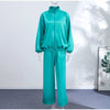Loose Glossy Satin Solid Sports Jacket Pants Sets Women Stand Zipper Long Sleeve Coats Drawstring Wide Leg Pant Spring Suit