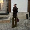 Solid Single Breasted Suede Short Jacket Women Full Sleeve Buckle Lapel Slim Shoulder Pad Coat Lady High Street Wear