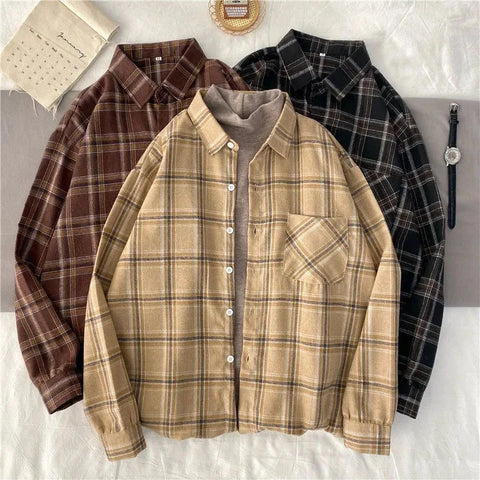 Vintage Women Plaid Shirts Autumn Long Sleeve Oversize Button Up Blouses Female Streetwear Loose Casual Shirts Femme Coat