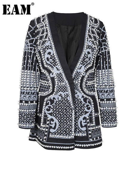 White Pearl Nailed Big Size Blazer Women V-neck Long Sleeve Loose Fit Jacket Tide Spring Autumn 7C274100