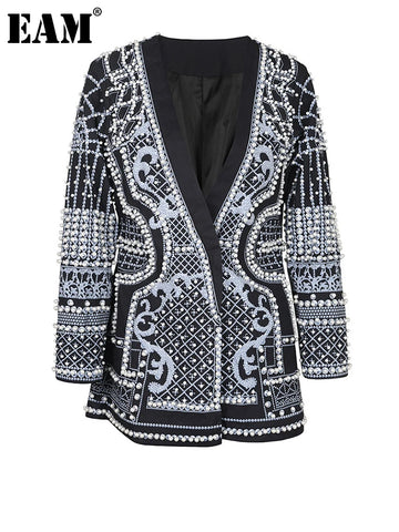 White Pearl Nailed Big Size Blazer Women V-neck Long Sleeve Loose Fit Jacket Tide Spring Autumn 7C274100