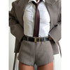 Retro Grid Lapel Jacket Shorts Set Lady Casual Full Sleeve Belted Buttons Pockets Blazer Suit Autumn Office Commute Wear