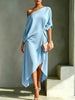 One Shoulder Midi Dress Asymmetrical Hem Waist Knot 3/4 Sleeve Draped Formal Evening Elegant Color Cocktail Dress for Women