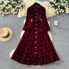 Women Rhinestone Lace Up Dresses Velvet Solid Dress A Line Lantern Sleeve Ankle Lenth Single Breasted Casual Elegant Autumn