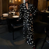 Sexy V Neck Polka Dots Satin Long Dress Women's Hight Waist Evening Dress Elegant Draped Long Sleeve Ribbon Slim Gowns