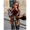 Women Deer Spot Print Faux Fur Cropped Jacket Stand Collar Dark Fur Cuff Button Up Short Coat Vintage Winter Street Outerwear