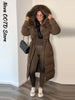 Elegant Fur Collar Hood Belt Long Cotton Jacket Women Zipper Drawstring Waist Parka Down Coat Winter Lady Warm Chic Outwear