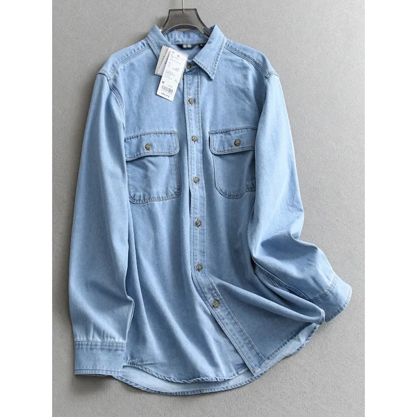 Women's Same Solid Color Lapel Pocket Medium and Long Loose Coat Long Sleeve Casual Denim Shirt
