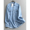 Women's Same Solid Color Lapel Pocket Medium and Long Loose Coat Long Sleeve Casual Denim Shirt
