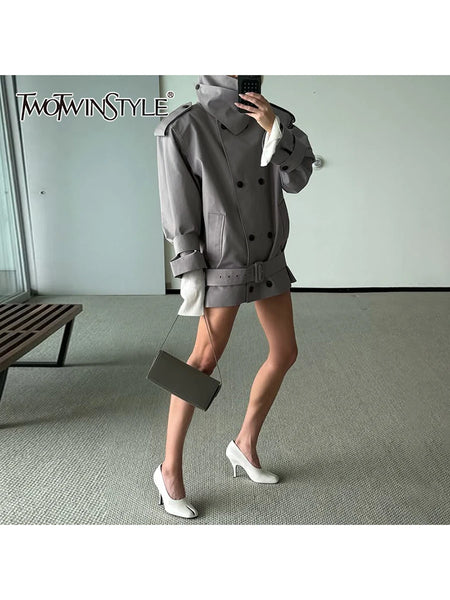 Loose Spliced Double Breasted Trenchs for Women Lapel Long Sleeves Patchwork Belt Trench Female Clothes